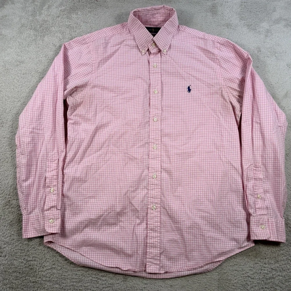 Polo Ralph Lauren Shirt Mens Medium Pink Gingham Classic Fit Cotton Stretch Pony
